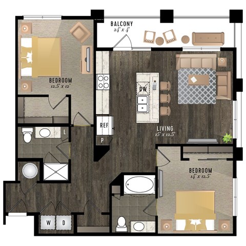 A floor plan of a house with a balcony, two bedrooms, a living room, a dining room, a kitchen, a laundry room, and a study.